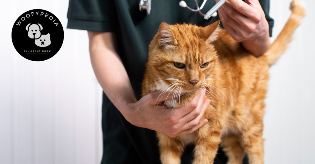 An orange tabby cat being gently held by a veterinarian during an examination. The vet is wearing dark scrubs and has a stethoscope around their neck.