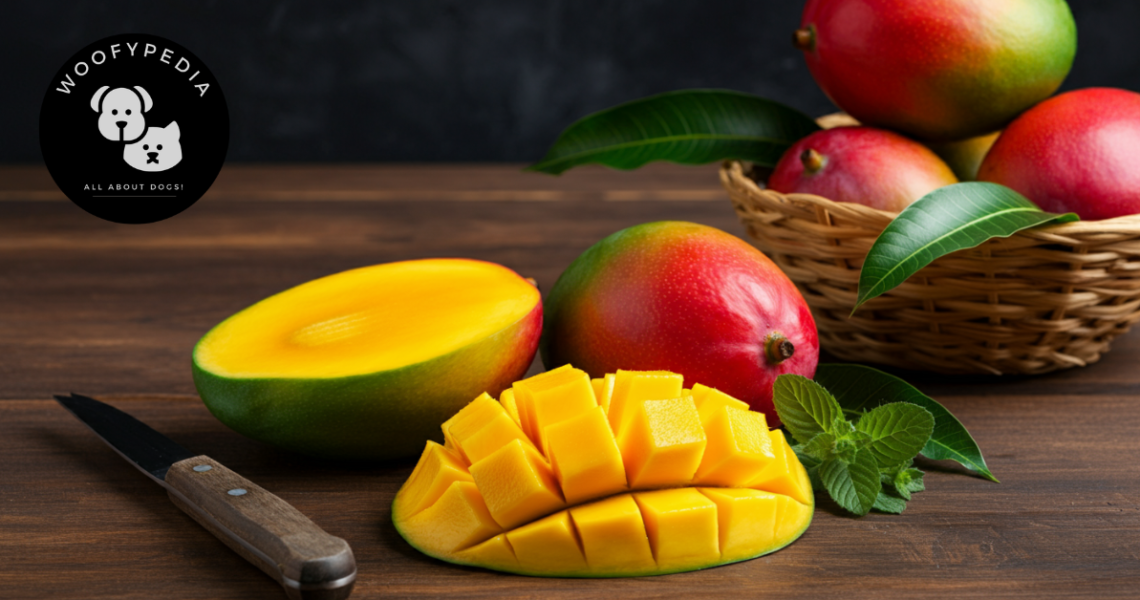 "Freshly sliced mango with whole mangoes in a basket, accompanied by the Woofypedia logo."