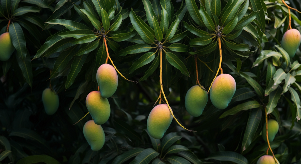 "Ripe mangoes hanging on a tree surrounded by lush green leaves."