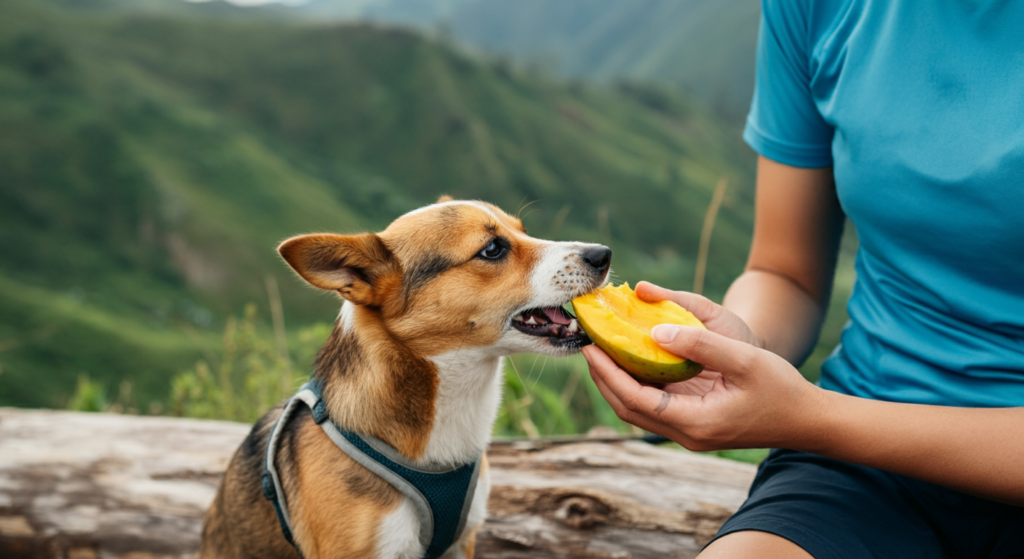 "A dog eating a piece of fresh mango from its owner’s hand in a scenic outdoor setting."