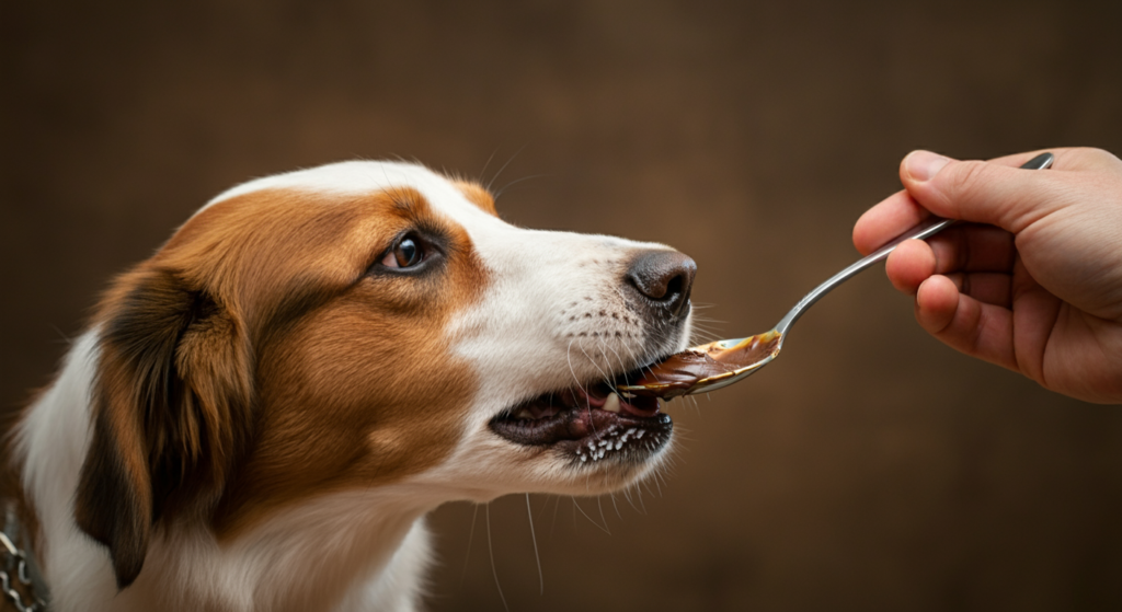 A close-up of a dog being fed a small amount of Marmite from a spoon held by a human hand.