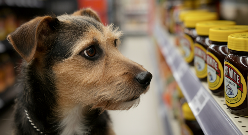 A curious dog standing near a grocery store shelf filled with jars of Marmite, closely observing the products.