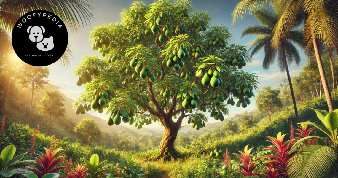 "A vibrant avocado tree laden with fruit, growing in a tropical environment, surrounded by lush greenery and tropical plants. The Woofypedia logo is displayed in the top left corner."