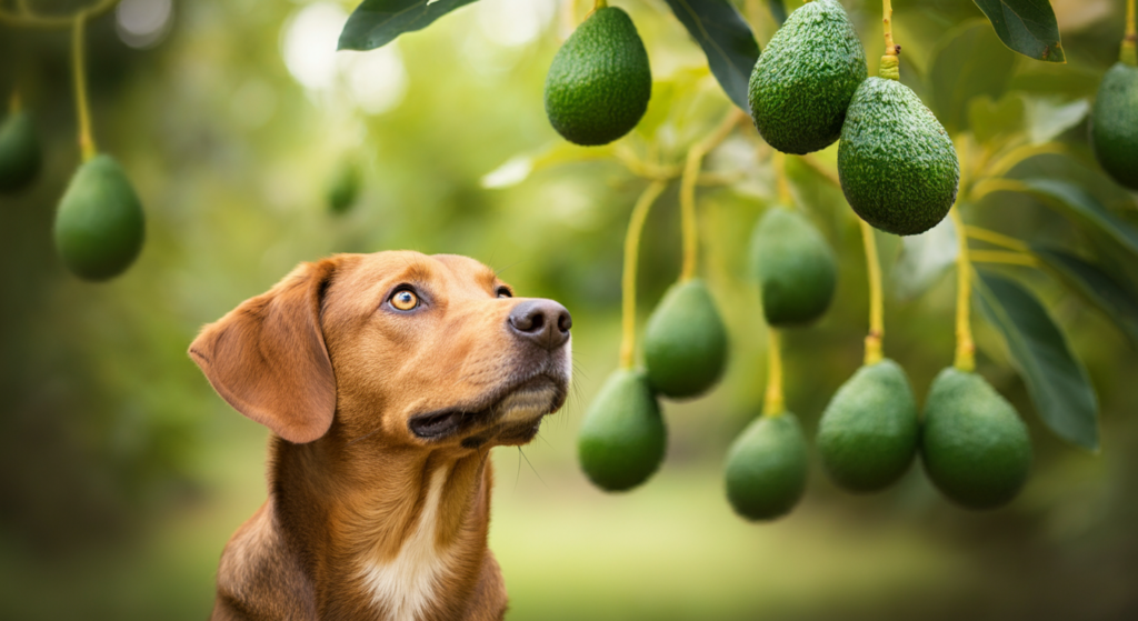 "A curious dog gazing at ripe avocados hanging from a tree in a lush green orchard."