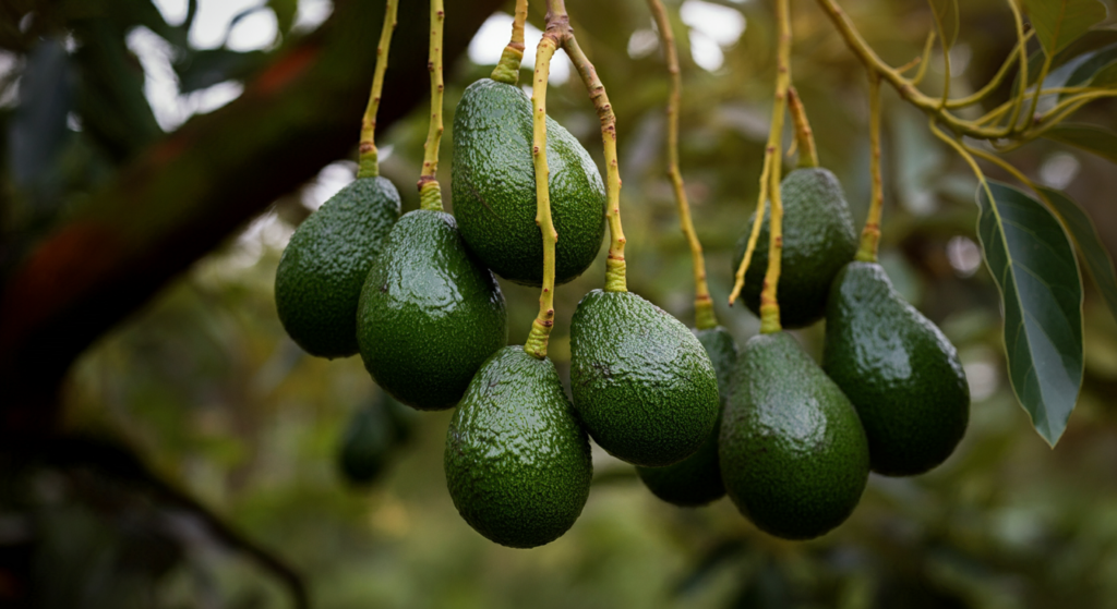 "Close-up of ripe green avocados hanging in clusters from tree branches in a natural orchard setting."