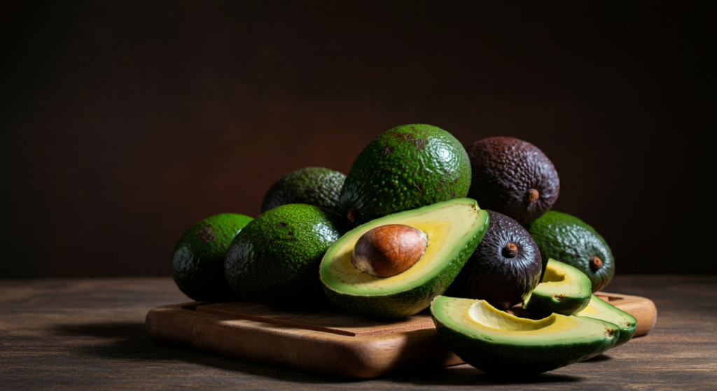 "A pile of ripe avocados on a wooden board, with one avocado sliced open to reveal its creamy green flesh and seed."