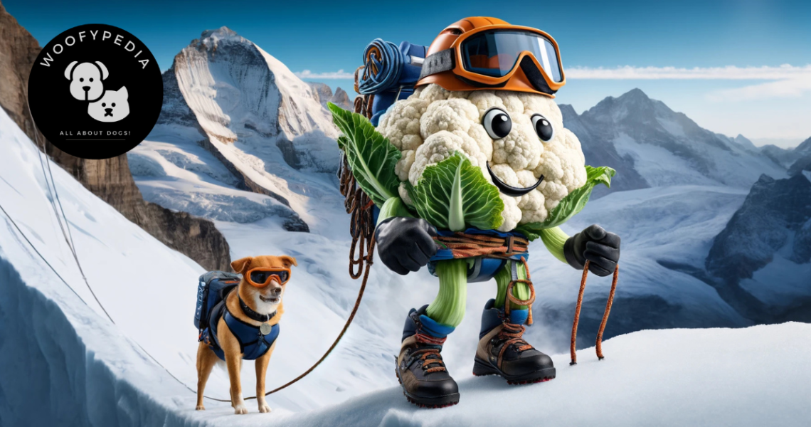 "A whimsical illustration of a cauliflower dressed in mountaineering gear climbing the snowy Eiger mountain in Switzerland, accompanied by a dog in matching climbing equipment."