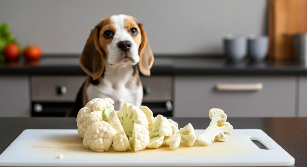 "A curious Beagle sitting in a modern kitchen, looking at fresh cauliflower florets placed on a chopping board."