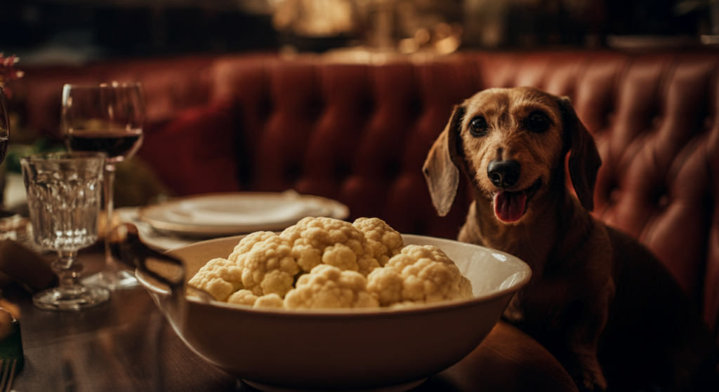 "A happy Dachshund sitting at a dining table in a cosy restaurant, with a bowl of cauliflower in front of it and elegant glassware in the background."