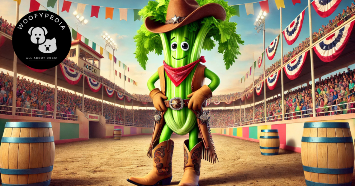 An anthropomorphic celery dressed as a cowboy, wearing a brown cowboy hat, boots with spurs, and a red bandana, standing confidently in a rodeo arena surrounded by cheering crowds and colourful banners.