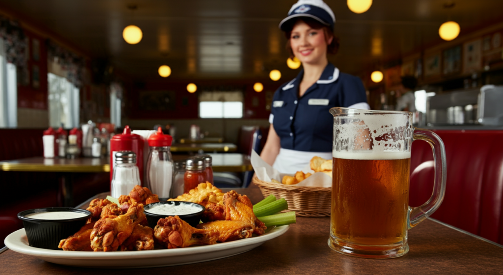 A retro diner setting with a plate of chicken wings, celery sticks, and dipping sauces in the foreground, accompanied by a glass of beer. A waitress in a blue uniform stands smiling in the background.