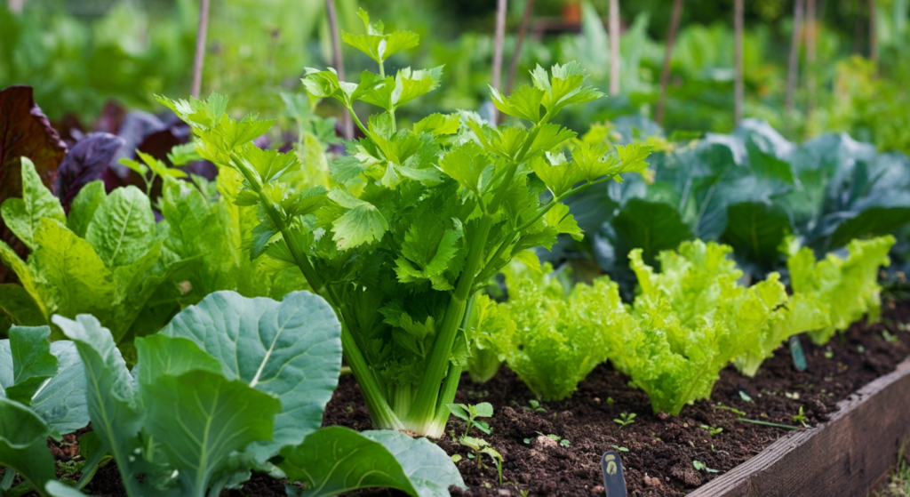 A vibrant vegetable garden with fresh celery plants surrounded by lettuce, cabbage, and other leafy greens, growing in rich soil.
