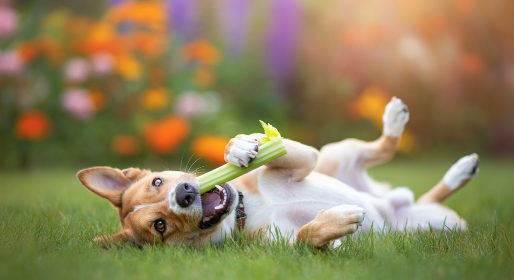 A playful dog lying on its back in the grass, chewing on a fresh celery stick, with a colourful flower garden in the background.