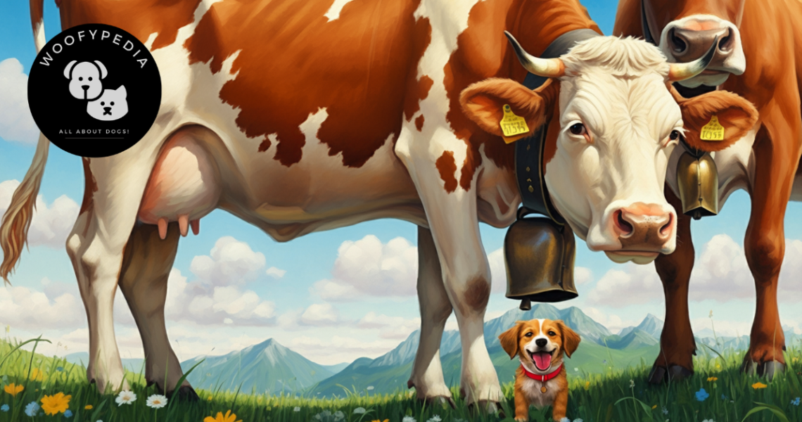 A happy dog sitting in a grassy meadow with two cows in the background wearing cowbells, under a clear blue sky.