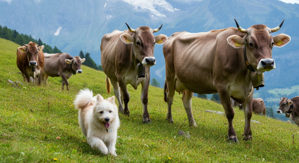 A fluffy white dog happily running through a green meadow with a herd of cows in the background near a mountainous landscape.
