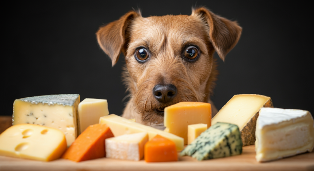 A curious brown dog intently looking at a variety of cheese types on a wooden board, including blue cheese, cheddar, and brie, with a dark background.