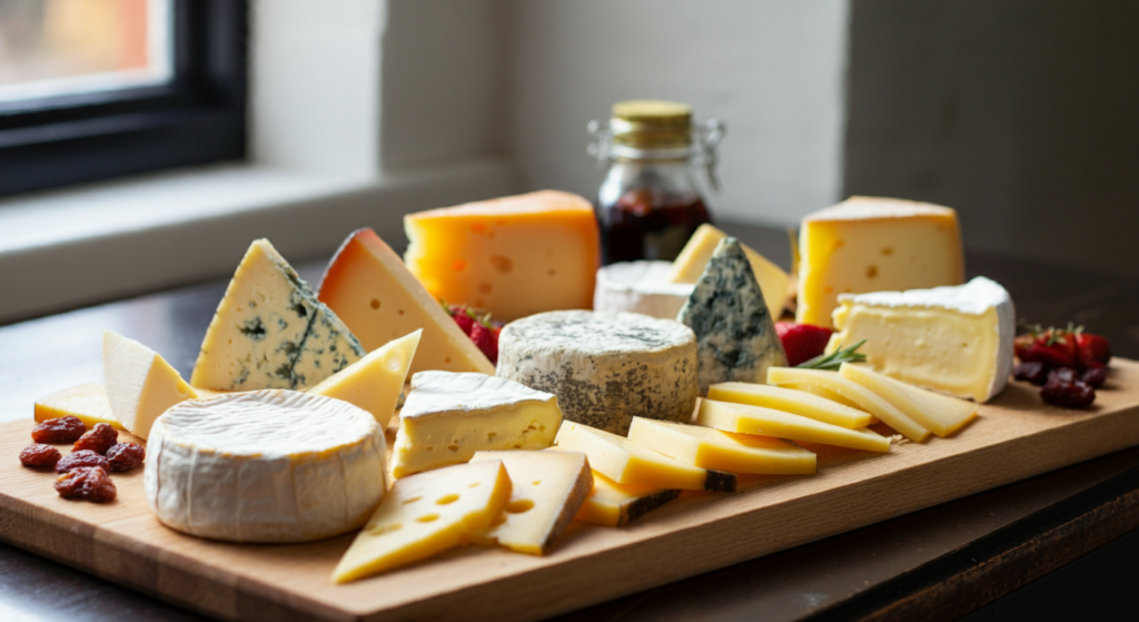 An elegant cheese board featuring a variety of cheeses, including blue cheese, brie, and cheddar, arranged with fruits and dried raisins, on a wooden table by a window.