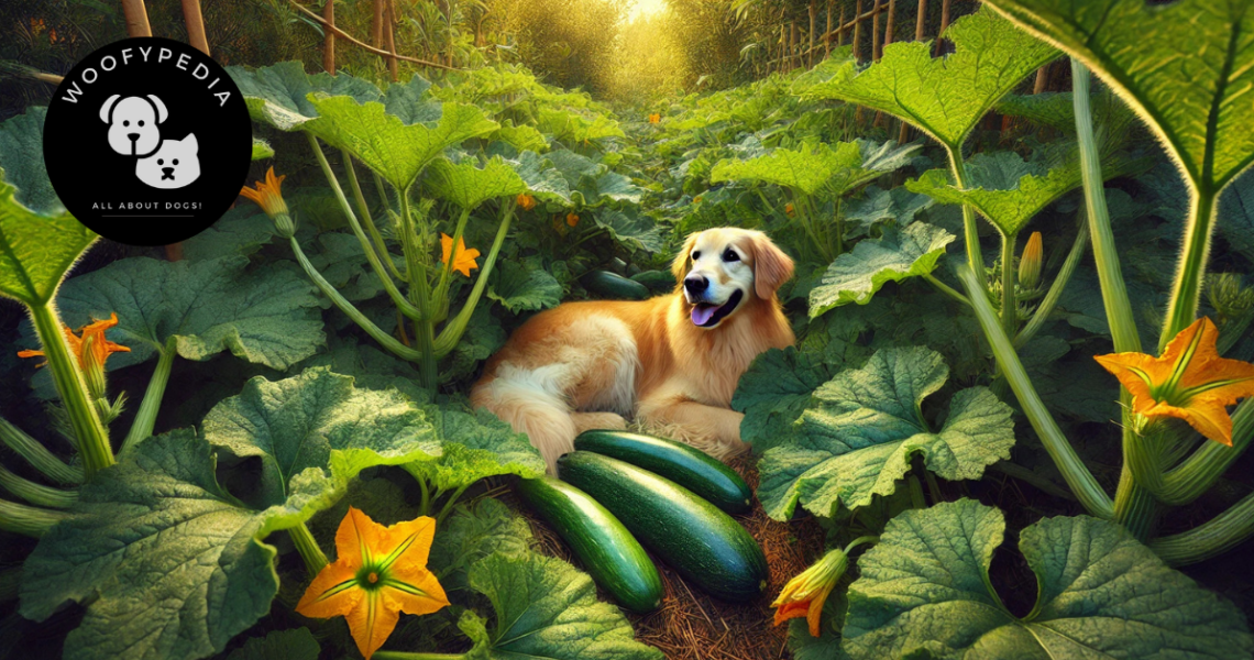 A golden retriever lying peacefully among courgette plants in a lush garden, surrounded by large green leaves and yellow courgette flowers under warm sunlight.