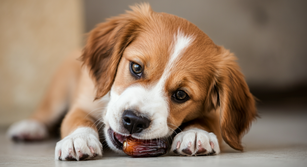 "A close-up of a playful puppy chewing on a date, with soft lighting highlighting its expressive eyes and fluffy fur."