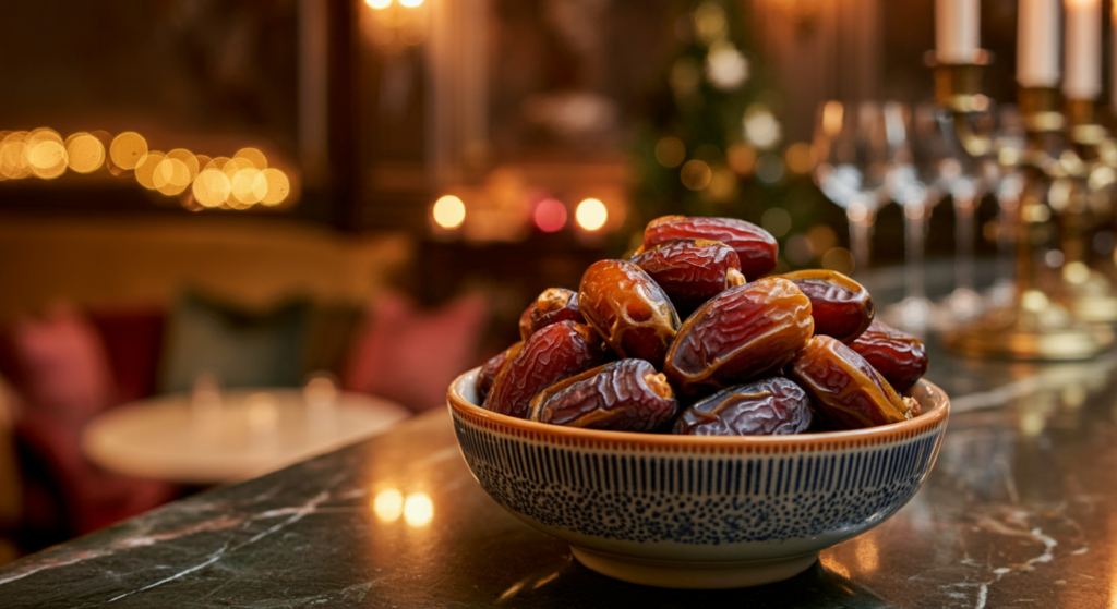 "A bowl of fresh dates placed on a marble counter with a warm, festive background featuring soft candlelight and blurred decorations."