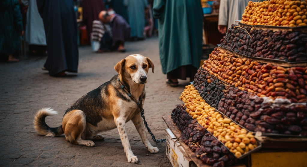 "A dog sitting on a market street beside a colourful display of dates stacked in tiers, with blurred shoppers in traditional attire in the background."