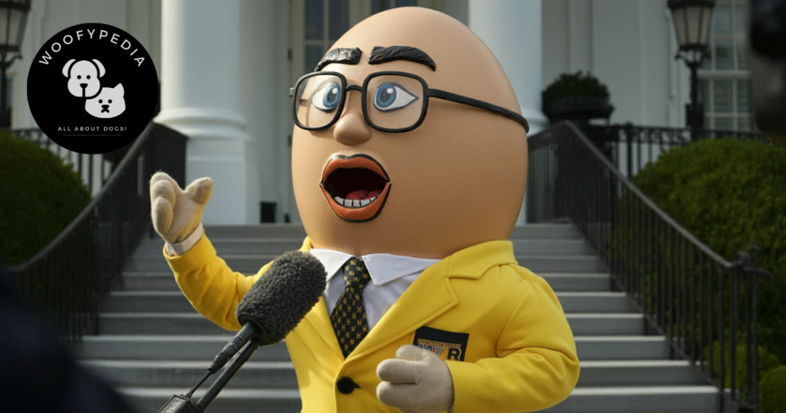 "A whimsical anthropomorphic egg character dressed in a yellow suit and glasses, speaking passionately into a microphone in front of a government-like building."