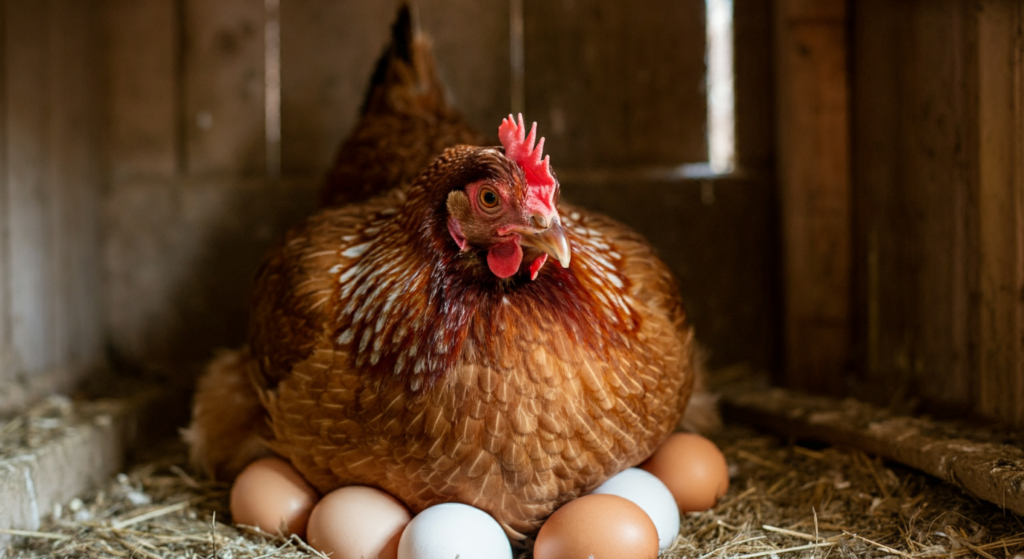 "A hen sitting on a nest of eggs in a rustic wooden coop, surrounded by straw and natural light filtering through the coop."