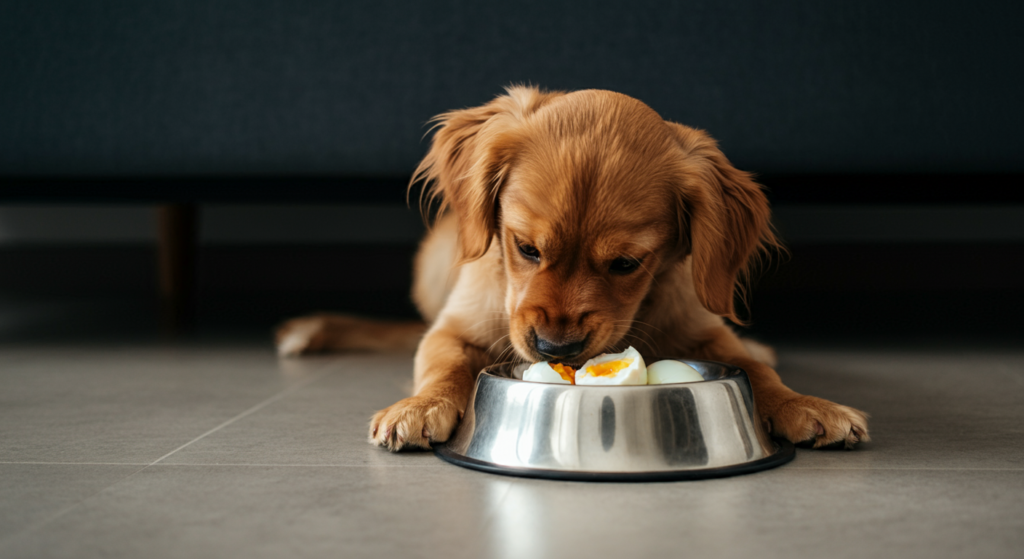 "A small brown dog eating a bowl of sliced boiled eggs while lying on a tiled floor."