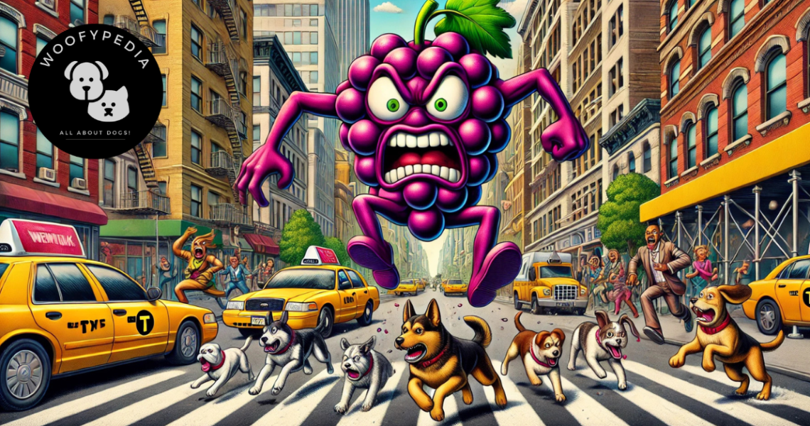 "A humorous illustration of an angry bunch of grapes chasing several dogs down a busy New York City street, with vibrant details including taxis, skyscrapers, and shocked pedestrians."
