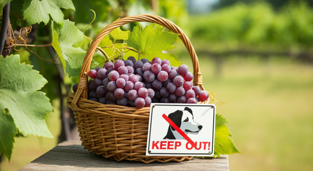 "A basket of grapes placed on a wooden surface in a vineyard, with a sign showing a dog crossed out and the text 'KEEP OUT' to indicate grapes are harmful to dogs."