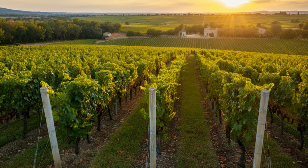 "A picturesque vineyard at sunset, with rows of grapevines stretching into the horizon and a warm golden glow illuminating the scene."
