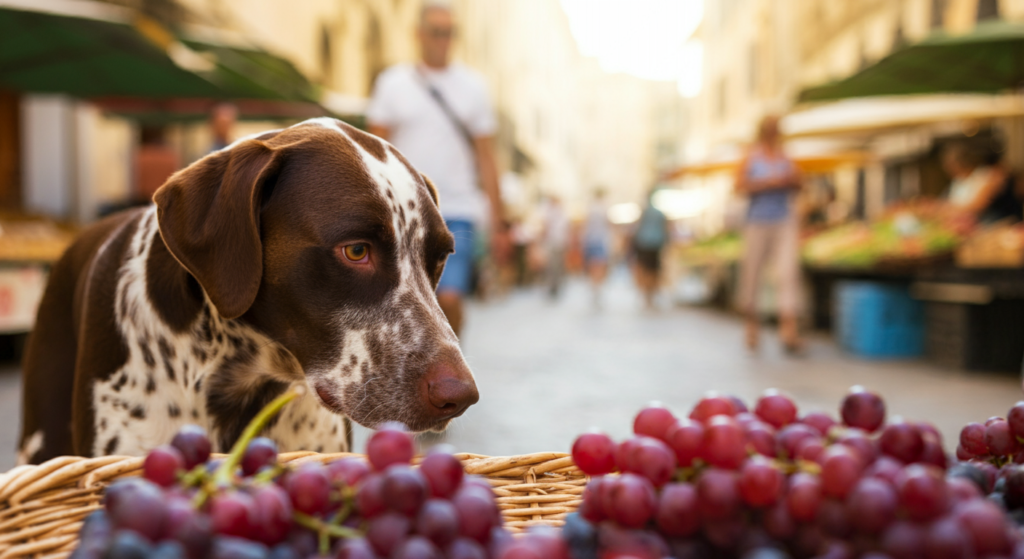 "A close-up of a dog curiously inspecting a basket of red grapes at a bustling outdoor market."