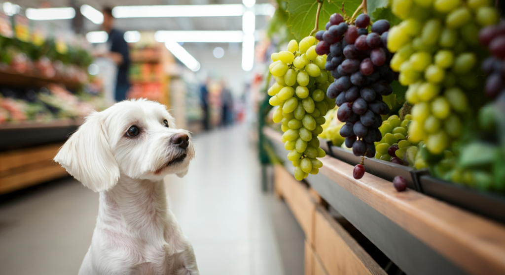 "A small white dog looking intently at bunches of green and red grapes displayed in a grocery store."