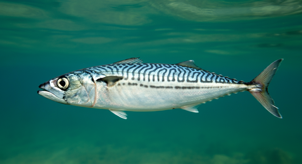 A close-up view of a mackerel swimming in clear blue-green water, showcasing its sleek body, distinct patterns, and shiny scales.