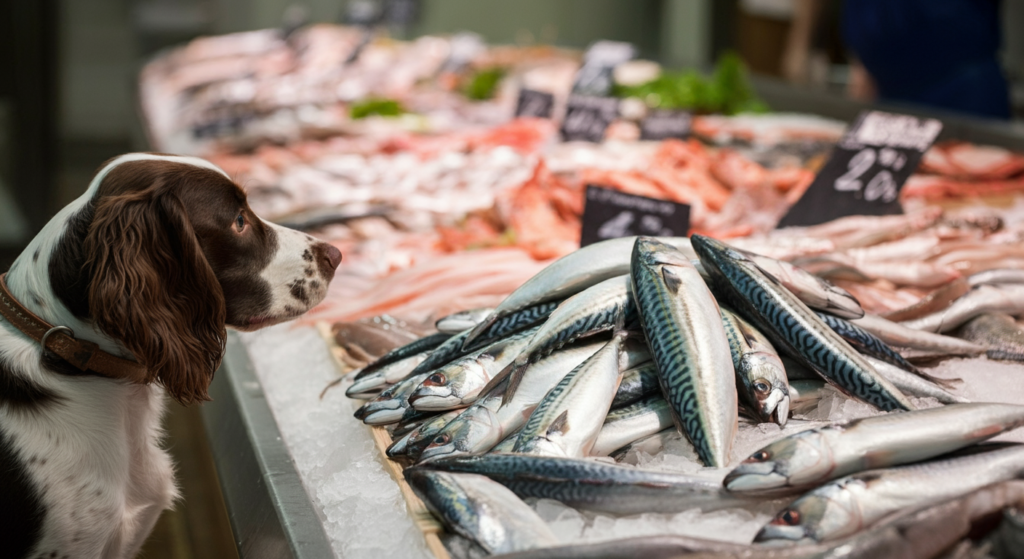 A curious dog at a fish market closely inspecting a pile of fresh mackerel displayed on ice, surrounded by other seafood.
