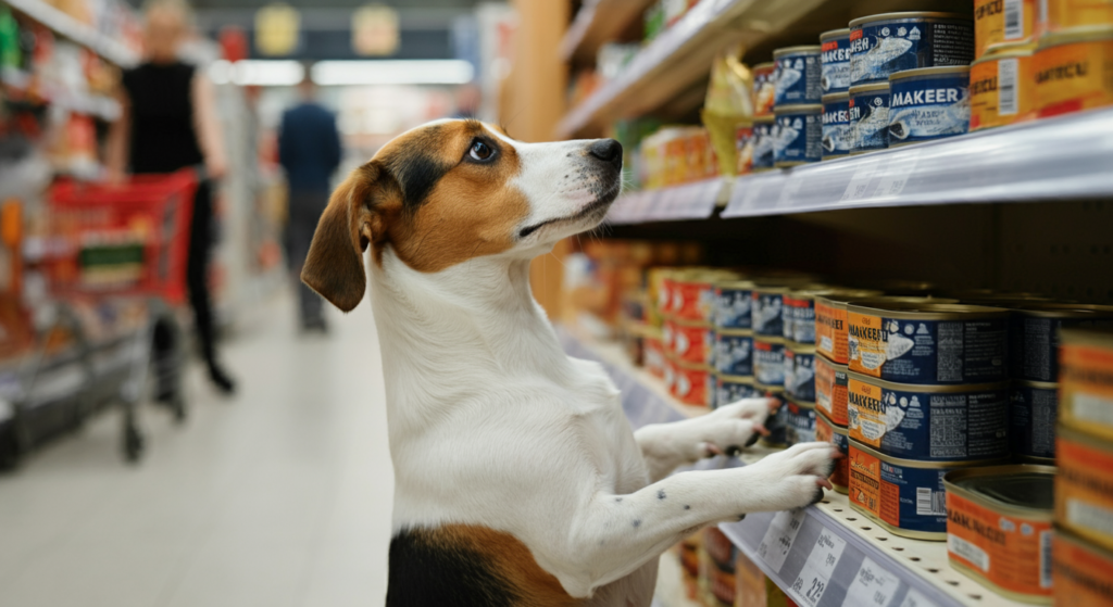 A curious dog standing on its hind legs in a supermarket, closely inspecting cans of mackerel on a shelf.