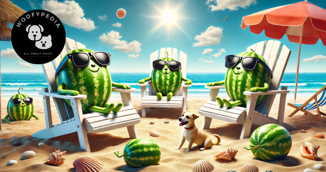 "Melons wearing sunglasses sunbathing on Adirondack loungers at a sunny beach, with a playful dog nearby and ocean waves in the background."