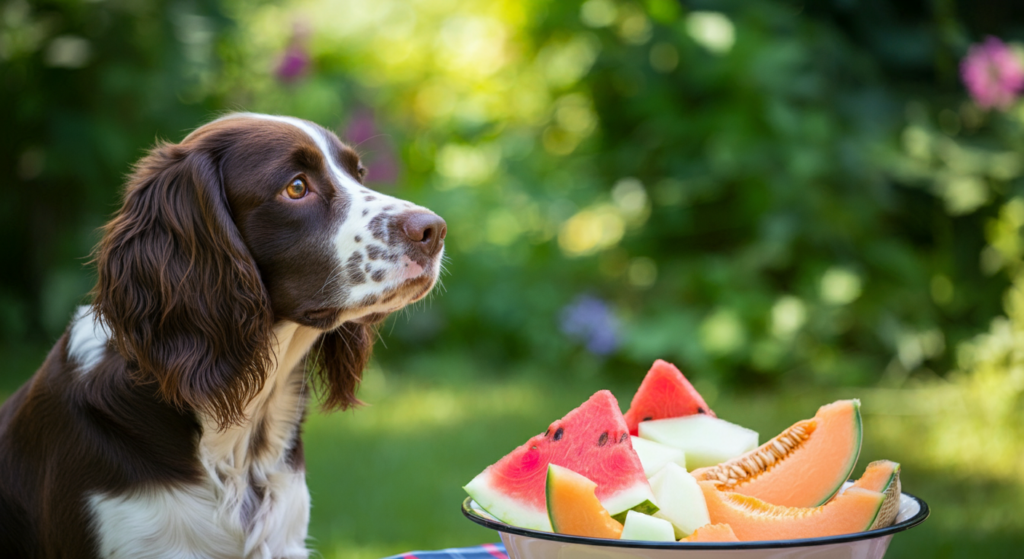 "A brown and white spaniel sitting attentively next to a bowl of fresh fruit slices, including watermelon, cantaloupe, and honeydew, in a green garden setting."