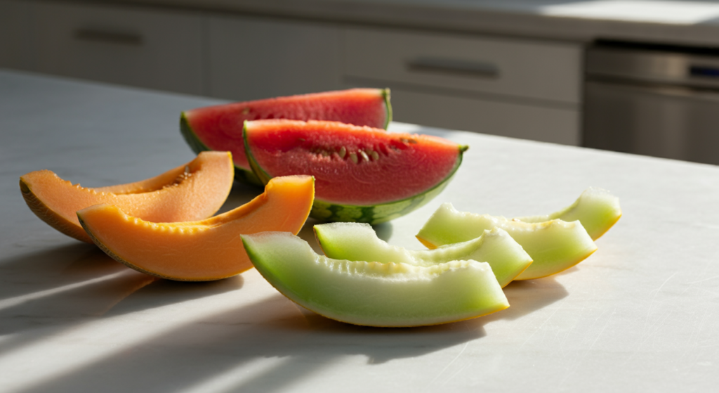 "Close-up of sliced melon wedges, including cantaloupe, honeydew, and watermelon, arranged on a sunlit kitchen countertop."