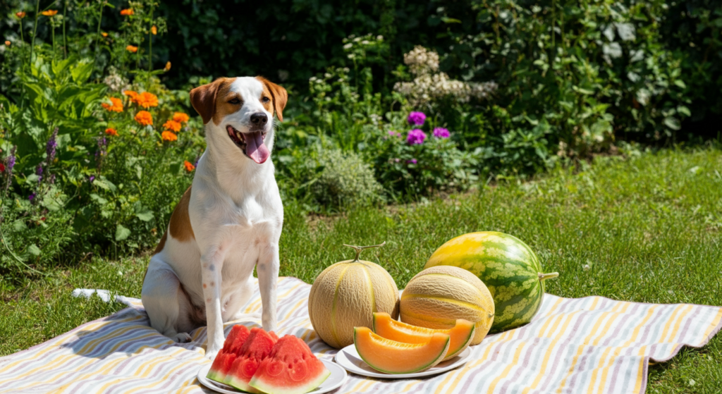 "A happy brown and white dog sitting on a striped picnic blanket in a garden, surrounded by whole and sliced melons, including watermelon, cantaloupe, and honeydew, with vibrant flowers and greenery in the background."