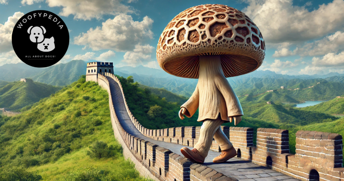 "A whimsical scene of a giant anthropomorphic mushroom walking along the Great Wall of China, surrounded by lush green hills and a partly cloudy sky."