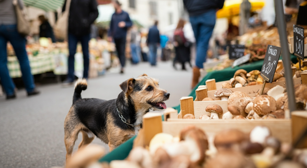 "A small terrier dog stands near a market stall displaying various mushrooms, with a bustling market scene in the background."