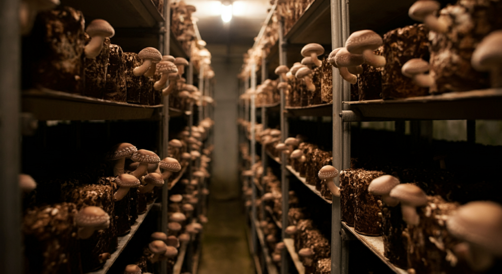 "Rows of mushrooms growing on shelves in a dimly lit indoor mushroom farm with a warm, earthy atmosphere."