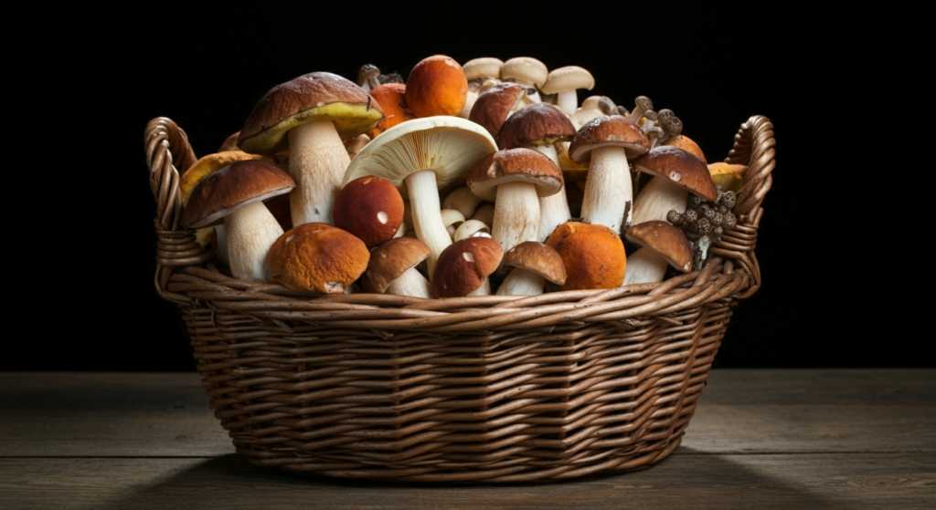 "A wicker basket filled with a variety of wild mushrooms, including porcini and chanterelles, set against a dark background."