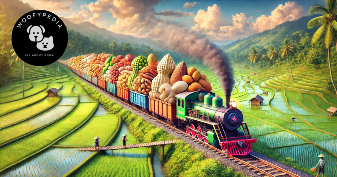 "A whimsical steam train loaded with a variety of nuts, including peanuts, almonds, and walnuts, passing through lush green Asian paddy fields with rice terraces in the background."