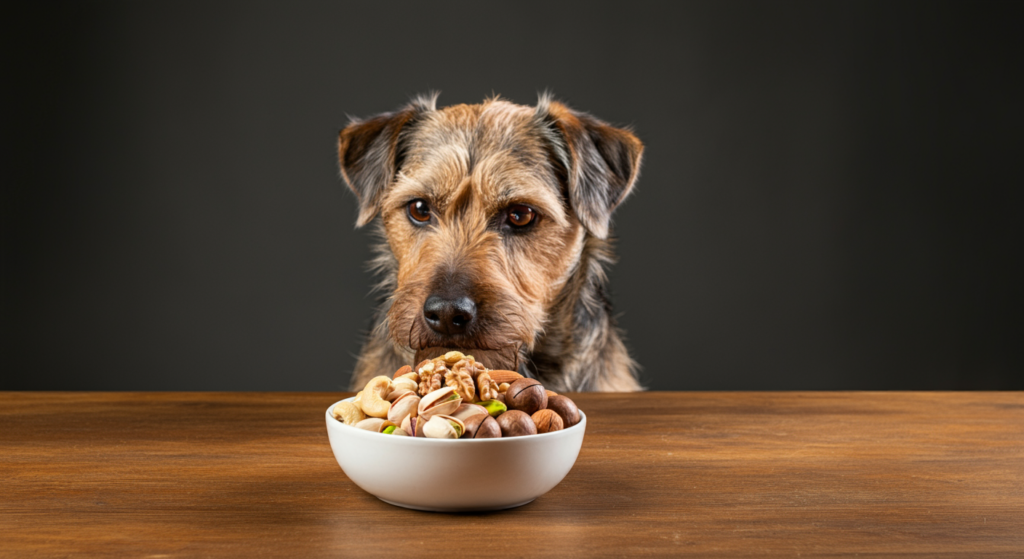 "A curious terrier dog staring intently at a bowl filled with various nuts, including cashews, walnuts, pistachios, and macadamia nuts, placed on a wooden table."