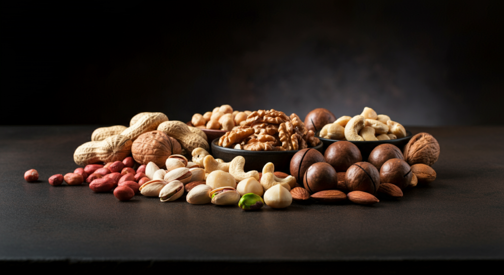 "An assortment of nuts including peanuts, walnuts, cashews, macadamia nuts, almonds, pistachios, and hazelnuts, displayed on a dark textured surface."