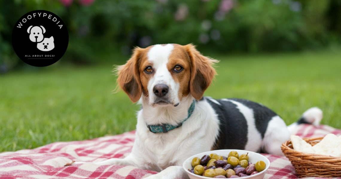 A white and brown dog lying on a red checkered picnic blanket with a bowl of mixed green and black olives and a basket of bread nearby.