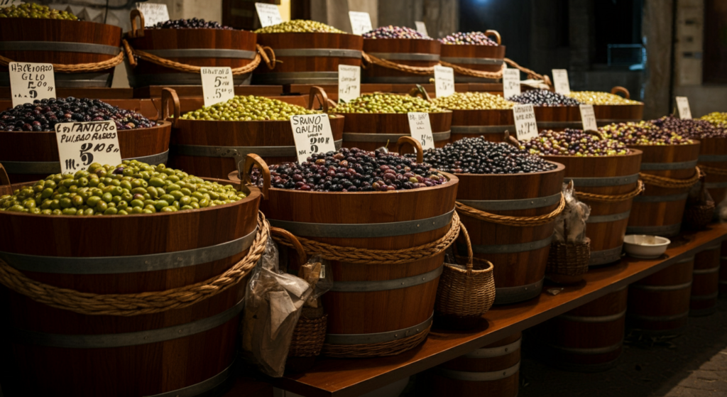 Rows of wooden barrels filled with green and black olives of various types, displayed in a market setting, with small handwritten price tags and labels.