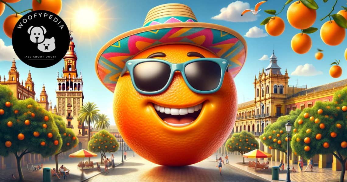 A cheerful anthropomorphic orange wearing sunglasses and a colourful sun hat, set in a vibrant Seville plaza surrounded by orange trees and traditional Spanish architecture under a sunny sky.